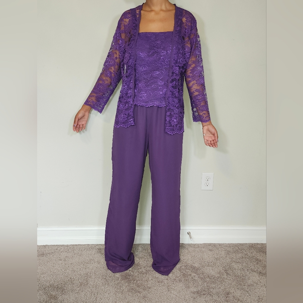 3 Piece Set Purple Lace Jacket Lace Top Pants Formal Wedding Party Size M/L NWT